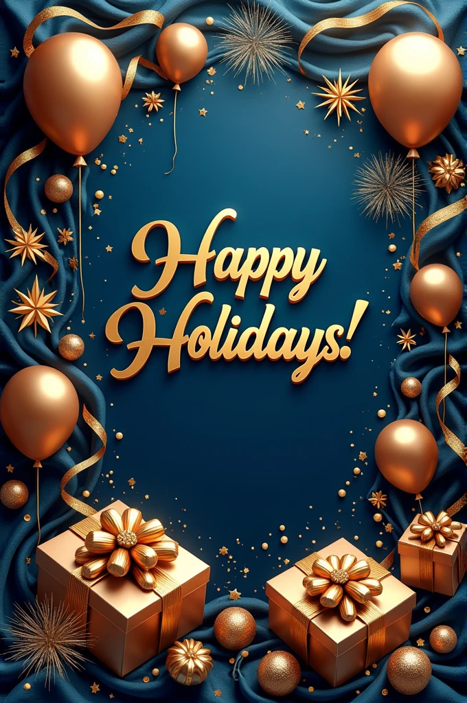 Create a high-definition banner design that exudes luxury and sophistication, intended to be universal for all types of holidays. Make a banner design with the inscription in the centre in Russian Cyrillic "С праздником!" The design should feature rich, elegant colors such as deep golds, rich blues, and sparkling silvers. Incorporate festive elements like ornate ribbons, delicate confetti, stars and glowing lights. Use subtle but luxurious textures, such as silk or velvet, to enhance the premium feel of the banner. The composition should include celebratory symbols like balloons, fireworks, flowers, and gift boxes, arranged in a balanced and visually appealing manner. The overall mood should convey joy, celebration, and festivity, making the banner suitable for any occasion while still feeling opulent and rich.