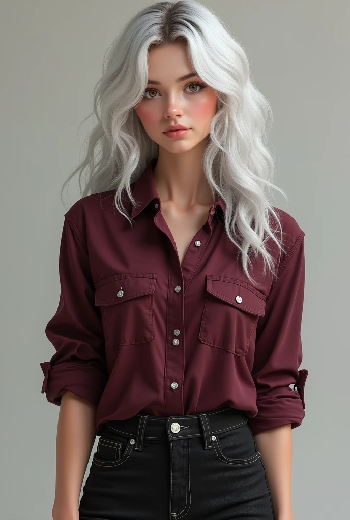 character woman with gentle behavior and captivating brown eyes, her platinum white hair is the focus of the image. She is wearing black jeans with a burgundy button-down shirt., with the sleeves rolled up.