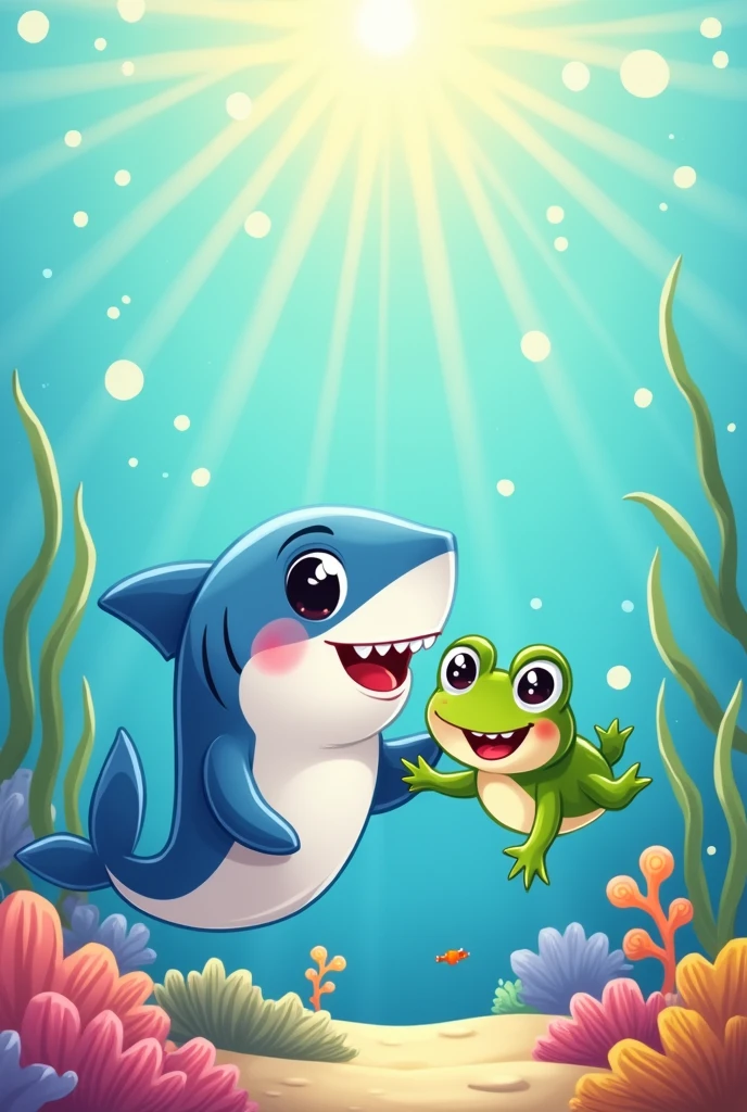 make a cute drawing of a shark and a frog