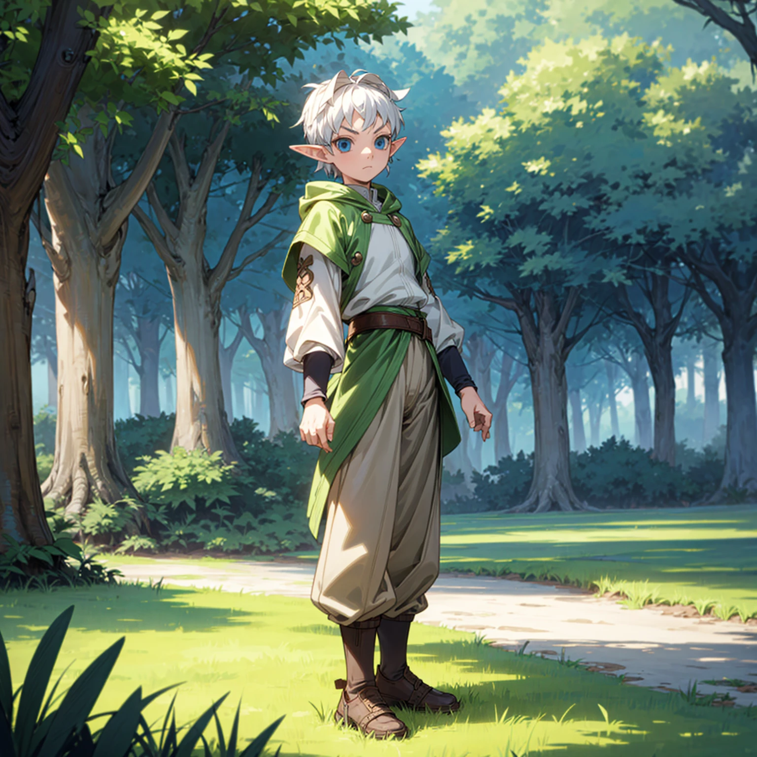 Solo character, full body version, kid boy, (elf), blue eyes, white color hair, undercut hair, Hoodie clothing, brown pants, shoes, outdoor, park, village, medieval, standing gesture, detailed background, detailed clothing, detailed hair, (Hunter x Hunter style art), straw hat