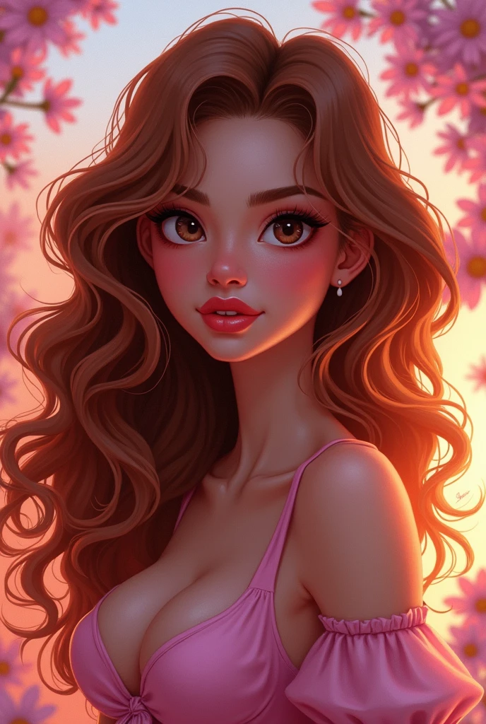 girl with very curly hair, long hair, thick and pink lips, dark shaped eyes, Gamer Girl, styled, Disney movies