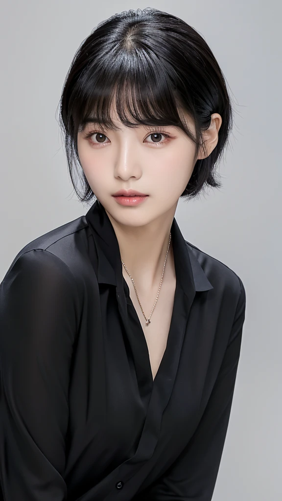 Korean woman male medium short black hair, without makeup and without bangs, with neckline