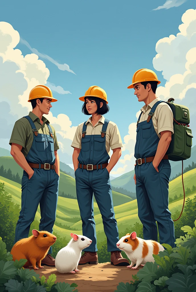 3 male engineers and 1 female engineer with short black hair building a biogas system in a rural area and with guinea pigs around them