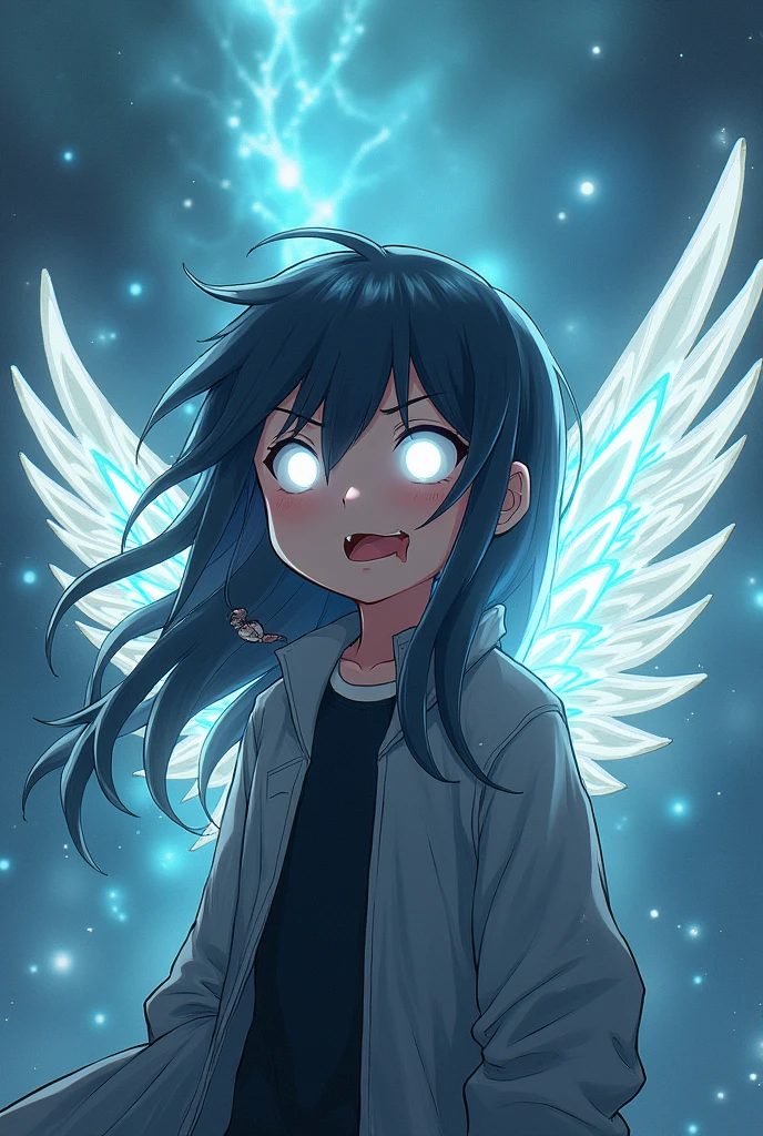Boy long hair white eyes. Celestes sticking out her long tongue anime