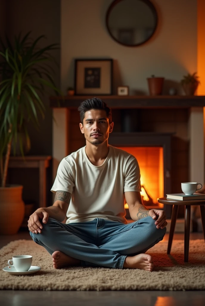 I want you to make James Rodriguez in casual clothes,sitting on the floor, next to the fireplace in the house