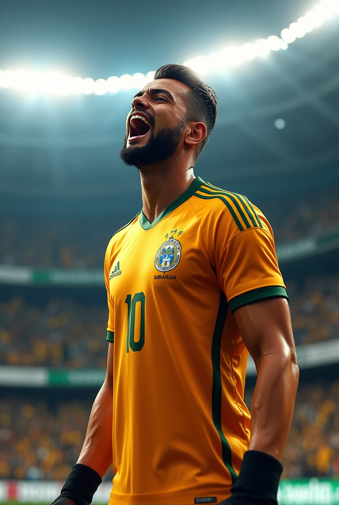 Hugo Souza, Corinthians goalkeeper, in a celebratory pose after winning the penalty shootout, designed in gear 4