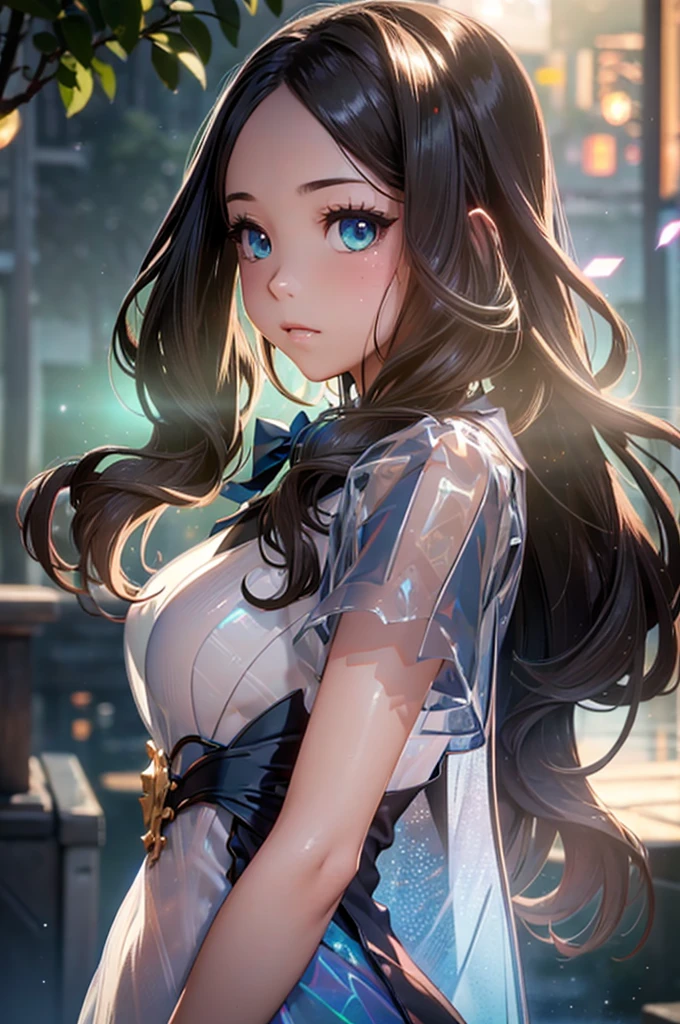 (Holographic Art:1.2)、masterpiece、Highest quality、whole body、One Girl (((Glass-like translucent and reflective dress))) 、Neon color background、Halation，Surreal、High resolution、detailed、Soft Focus、Delicate facial features、Perfect Eyes、Sharp pupils、Surprised expression、Written boundary depth、Bokeh、Sharp Focus、Long twin tails、Hair ornaments are sharp、Green light、Big soap bubble、Lighting by world-class AI creators
