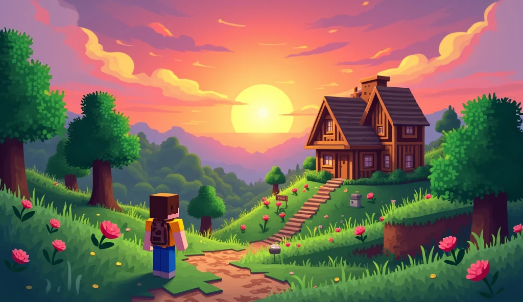 cartoon a landscape in minecraft with a house being built in the background with a sunset
