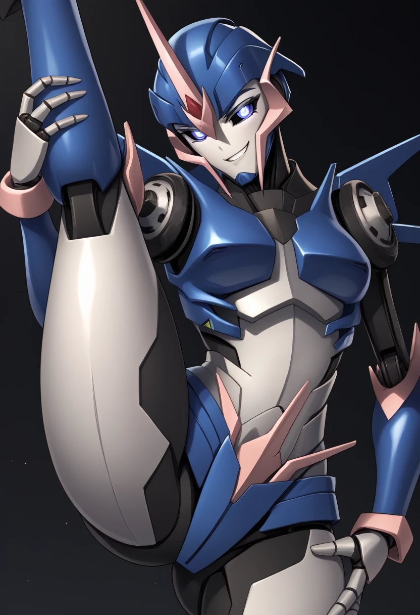score_9, score_8_up, score_7_up, source_anime,
BREAK
arceetp, mecha, robot, autobot, glowing eyes, half closed eyes, seductive look, smirk, grin,
BREAK
1girl, solo, medium breasts, rear view, wide hips, large butt, standing, standing split, grabbing own thigh, thigh grab, looking back at viewer, leg lift, lifting one leg straight up in the air,
BREAK
black background,
