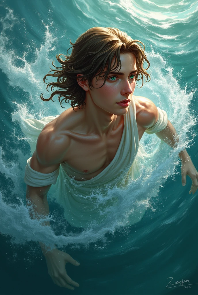 A prince with brown hair and green eyes in the water trying to escape 