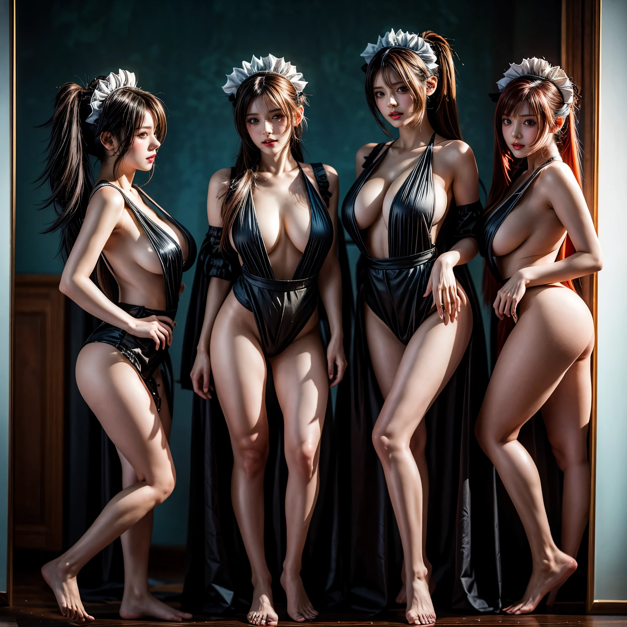 (Full Body of Extremely Detailed((Sexy Maid Group in a row:1.37))), KAWAII perfect face, Reflective Eyes, Detailed(Delicate Clothing textures), Correct Leg Line, Dynamic Joyful Expressions LifeLike Rendering, Specular Reflection, TopQuality 8K Ultra-detailed masterpiece (ProfessionalPhoto:1.37), (Acutance:0.8), (Luminism:1.28), Renaissance art style, Colorful Light particles, ((Full body from side)), {MicroMini Skirt|Kissing|Breast Lifting|Undressing|Thigh Gap|AssFocus|(NakedApron with SideBoob)}, Radiant Fine Skin with Transparency, (Exposed:0.4), (Different types of Anime hair color), Perfect Lighting 