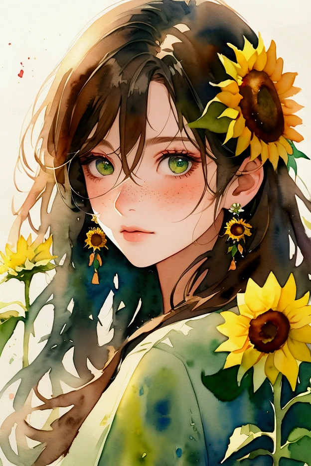 (watercolor:1.2),1girl, solo, flower, sunflower,freckles, portrait, leaf, bangs, signature, yellow flower, brown hair, long hair, green eyes, hair between eyes, flower earrings