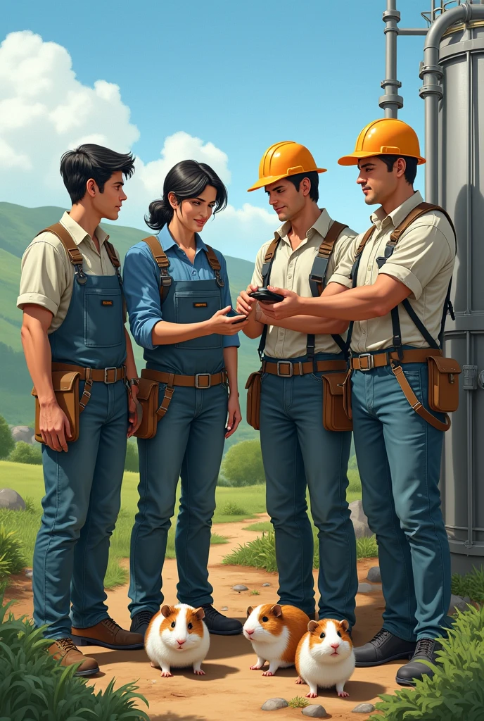 4 male engineers and 1 female engineer with short black hair building a biogas system in a rural area and with guinea pigs around them