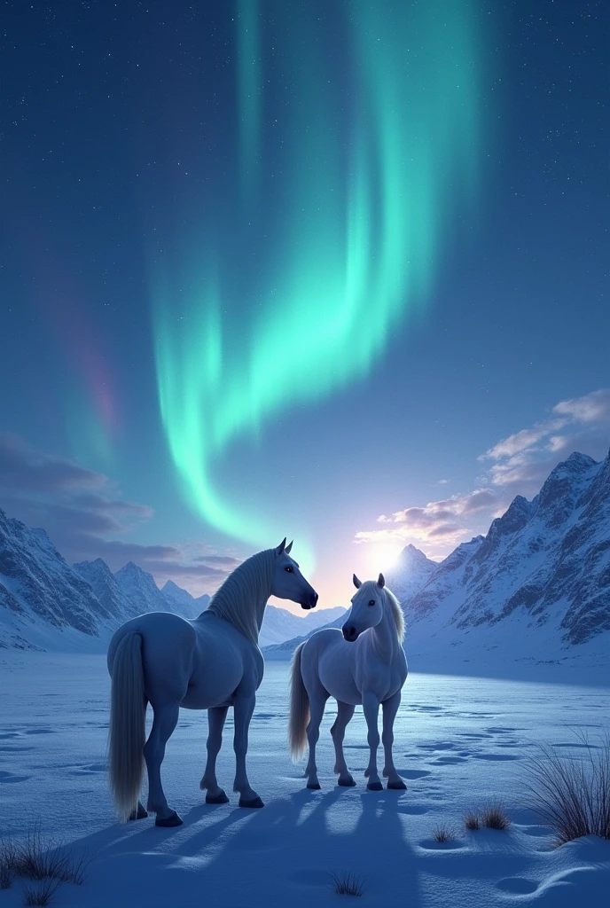 A landscape with auroras With horses looking at it 