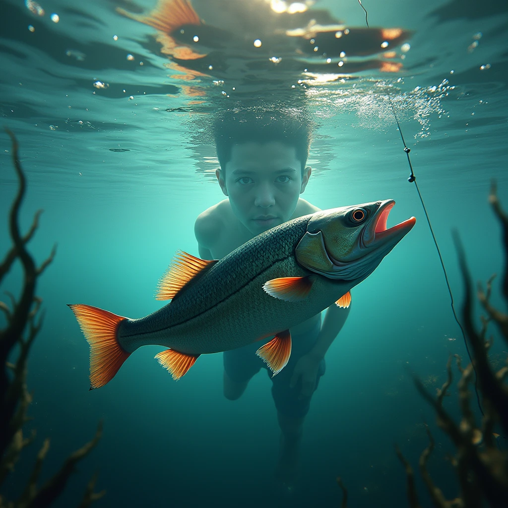 Fish caught, underwater, distorted image of angler on the surface of the water looking up,