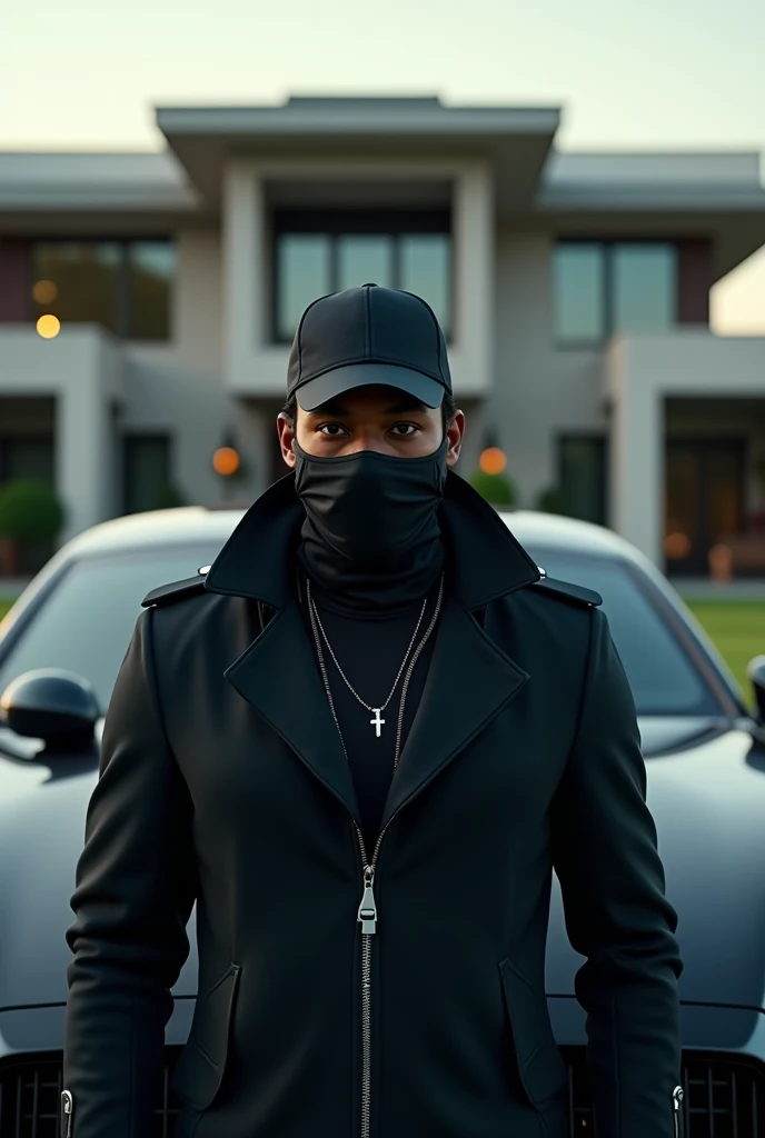 A man with chocolate-black skin, wearing a black surgical mask and a black gothic jacket, black cap stands in front of his modern mansion, Getting out of your car
