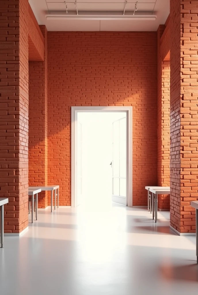 Lively classroom, the walls should be made of brick, and the seats that are chair-table, that has its exit door, preferably wide, just like the living room floor is white, The brick walls should be reddish brown and should not have any students.
