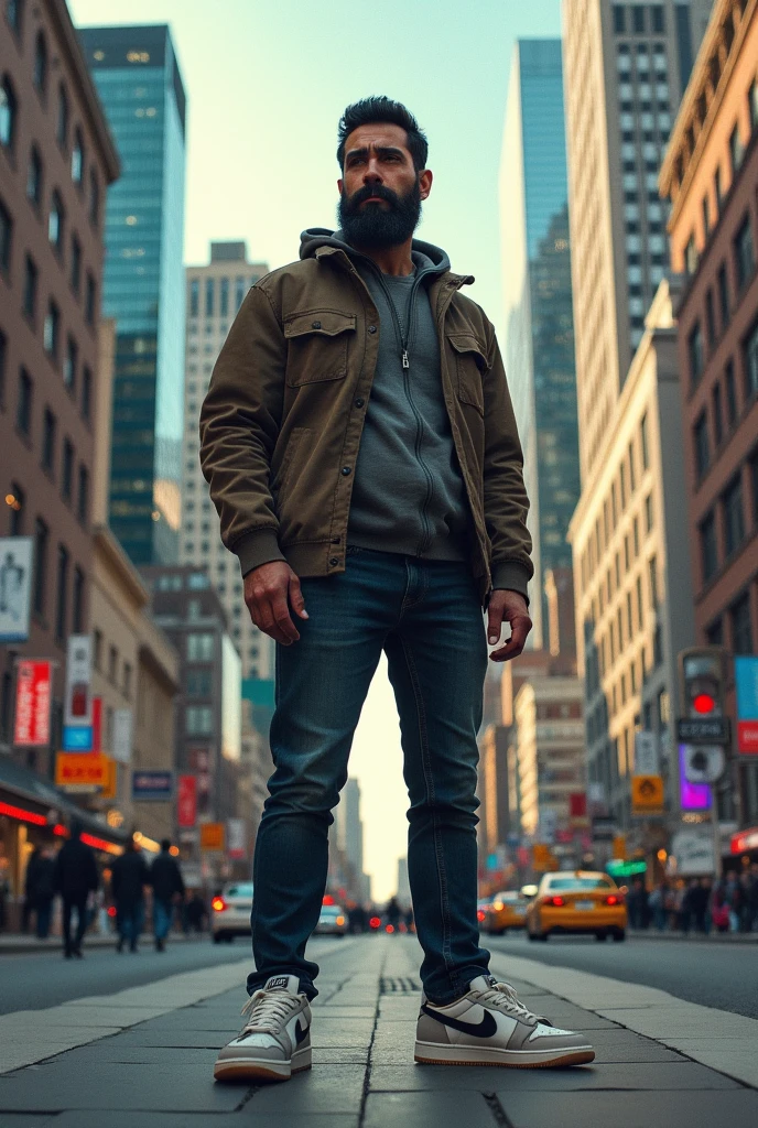 A serious looking man with a black beard and Nike sneakers in Washington City