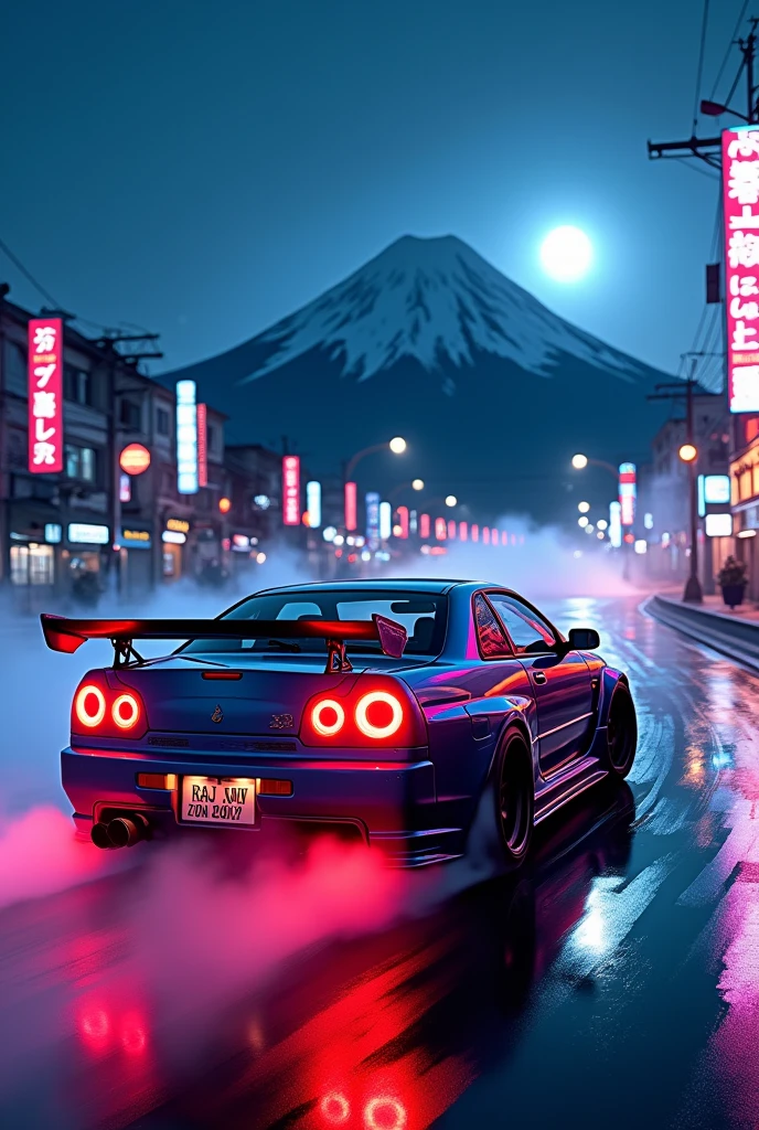 can u make a nissan skyline r 34 with body kit in midnight city drifting fuji mountain in japan with neon under the car and wheels smoke and its midnight show mw the car from the back and add flames