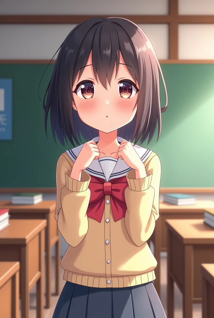 Popular anime school style old girl inside a classroom with a happy and passionate face holding her own hands while having her face all red with embarrassment 