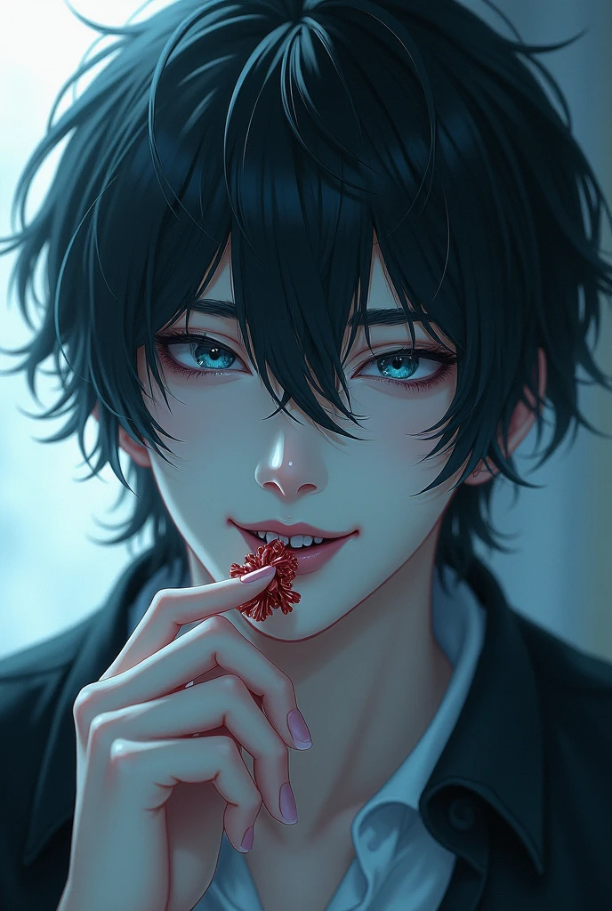 An etherial looking anime man.He has dark blue eyes and he's licking a candy but smiling seductive .He has longer hair and smiling seductive but also psychotic .He's paper white pale and his gaze looks cold