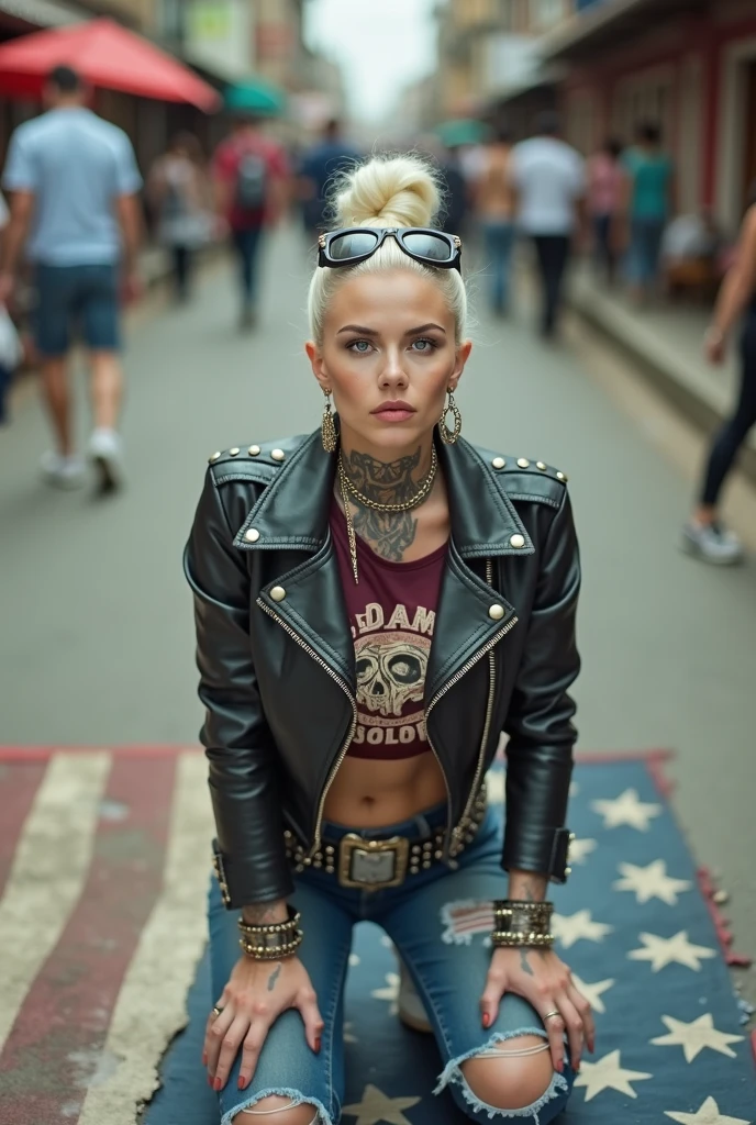 American old milf woman, blonde platinum hair (beehive bun) and oversized square sunglasses as headband), with very light green eyes, extremely pale. Square jaw. .Wearing studded, padded shoulders, cropped black moto jacket (zippers on the side) full of pins. Cropped dark burgundy push up t-shirt with skull and wings logo and gothic lettering,, dark skinny low rise blue jeans with holes on knees .White tennis sneakers. Lots of thick wide studded bracelets, chain collars and big rings. Tacky wide studded leather belt with big eagle oval buckle. Long earrings with chains. Kneeling on a ragged large usa flag, looking at the photographer. Hands on knees. Looking at the camera, Toned abdominals, thin neck, slim legs and thin arms. Narrow hips. Heavily tattooed on chest, hands, neck and arms. Crowded street of Angola