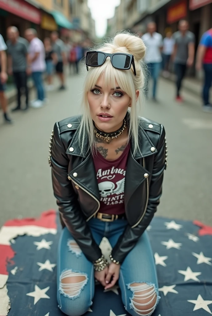 American old milf woman, blonde platinum hair (beehive bun) and oversized square sunglasses as headband), with very light green eyes, extremely pale. Square jaw. .Wearing studded, padded shoulders, cropped black moto jacket (zippers on the side) full of pins. Cropped dark burgundy push up t-shirt with skull and wings logo and gothic lettering,, dark skinny low rise blue jeans with holes on knees .White tennis sneakers. Lots of thick wide studded bracelets, chain collars and big rings. Tacky wide studded leather belt with big eagle oval buckle. Long earrings with chains. Kneeling on a ragged large usa flag, looking at the photographer. Hands on knees. Looking at the camera, Toned abdominals, thin neck, slim legs and thin arms. Narrow hips. Heavily tattooed on chest, hands, neck and arms. Crowded street of Angola