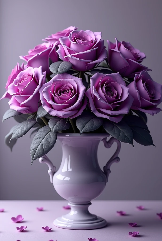 A vase of purple roses