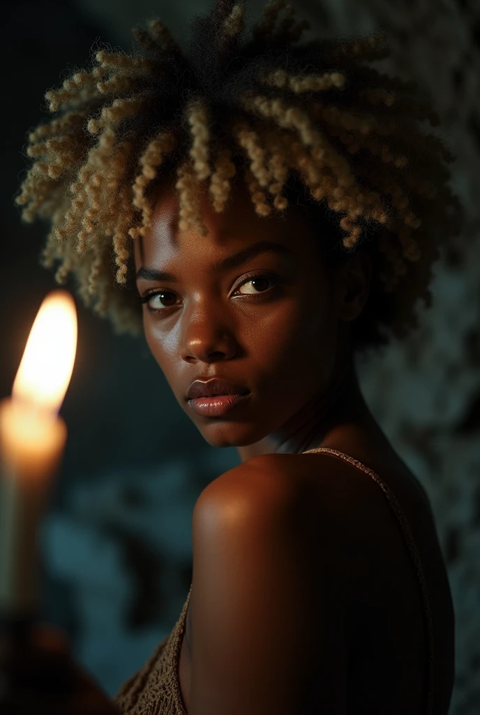 photograph of a woman, (disturbed facial expression), texturized skin, shiver, afro blonde hair, plaid flannel shirt with distressed boyfriend jeans, cowboy shot, dark and mysterious cave with unique rock formations and hidden wonders, perfects eyes, (candle light,Bright dark), Support 160 colors, Shot on ARRI ALEXA 65, bokeh, sharp focus on the subject, filmed by Don McCullin