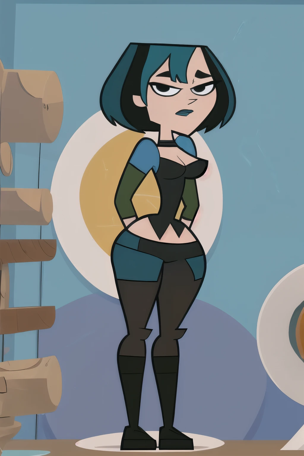 (8k, RAW photo, best quality, masterpiece:1.2), (intricate details), Gwen, Gwen total drama island, perfect eyes, perfect face, perfect lighting, beautiful, (masterpiece:1.2), (best quality:1.2), 1girl, cartoon style, gwentdi, solo, black eyes, full body portrait, big ass, thick thighs, wide hips, medium breasts, cleavage,
