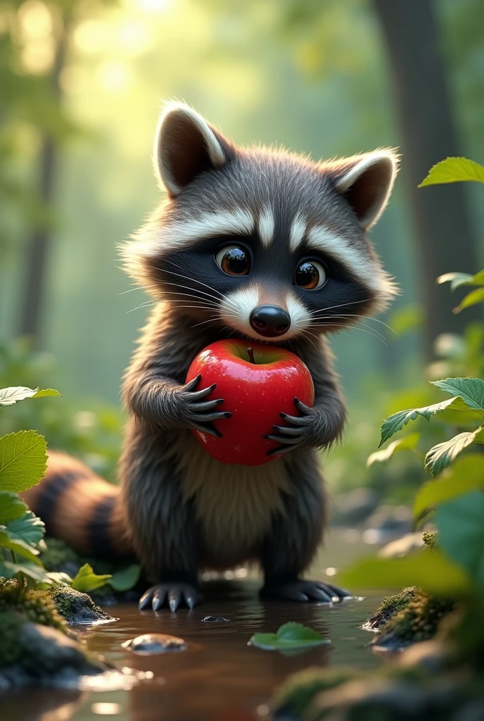 wet raccoon takes an apple