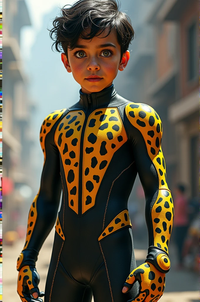 A boy who is a Marvel superhero, his suit is black leopard with yellow spots and he has white eyes and his nose and mouth are uncovered.
