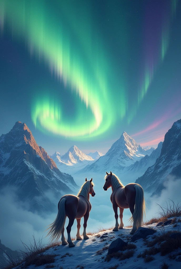 A landscape with auroras With horses looking at it, from the mountains