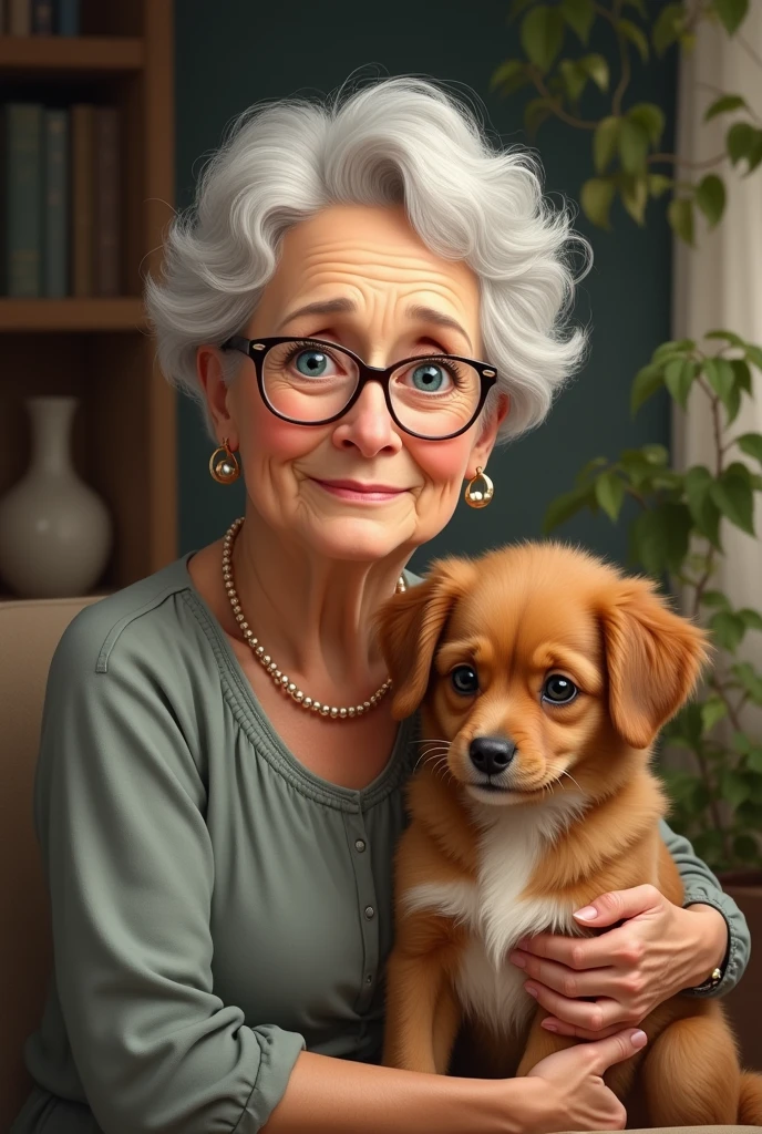 Photo of my grandmother with her little brown dog, short white hair and glasses, white skin and blue eyes 