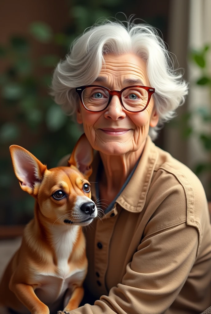 Photo of my grandmother with her little brown dog, short white hair and glasses, white skin and blue eyes