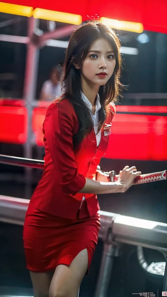 Masterpiece:1.2, best quality, 8k, UHD, high detailed, portrait, hyperrealistic, cinematic light, one 20s woman, airasia flight attendant uniform, slim and perfect figure, perfect body proportions, beautiful, pretty, digital art, light and shadow, long hair, red suit, red skirt, on the airplane wing, battoujutsu:1.4, squating:1.4, white sword sheath:1.4, red sword hilt:1.4, upper body shot, straight sword:1.4