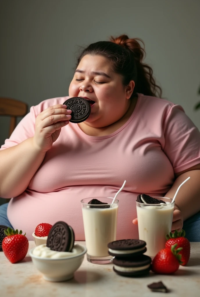 A morbidly obese lady enjoying a vanilla oreo cookie with natural Greek yogurt and next to her on a table vanilla oreo cookies with yogurt and strawberries