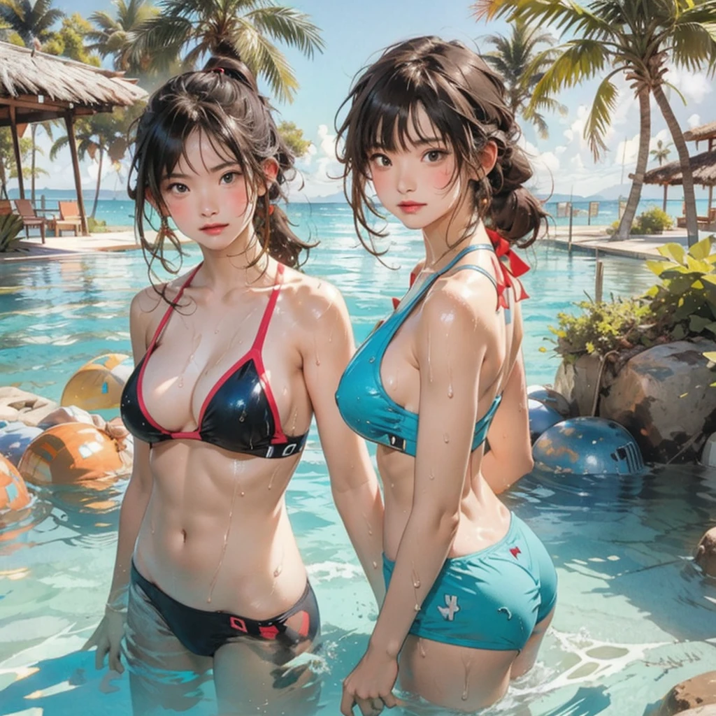 ((highest quality, masterpiece, High resolution)), ((reality)),Photos of beautiful Japanese women,((anime art))、 (((1 girl))), normal size breasts, slim body shape, long ponytail,double eyelid, Wet see-through bikini,Clean abs, A pareo with bold ethnic patterns and plenty of primary colors、(Brown skin:1.4),realistic skin、Wet,whole body,cinematic light、tropical、Against the background of palm trees on both sides、on a sunny beach、With the sea in the background、blur background、smile