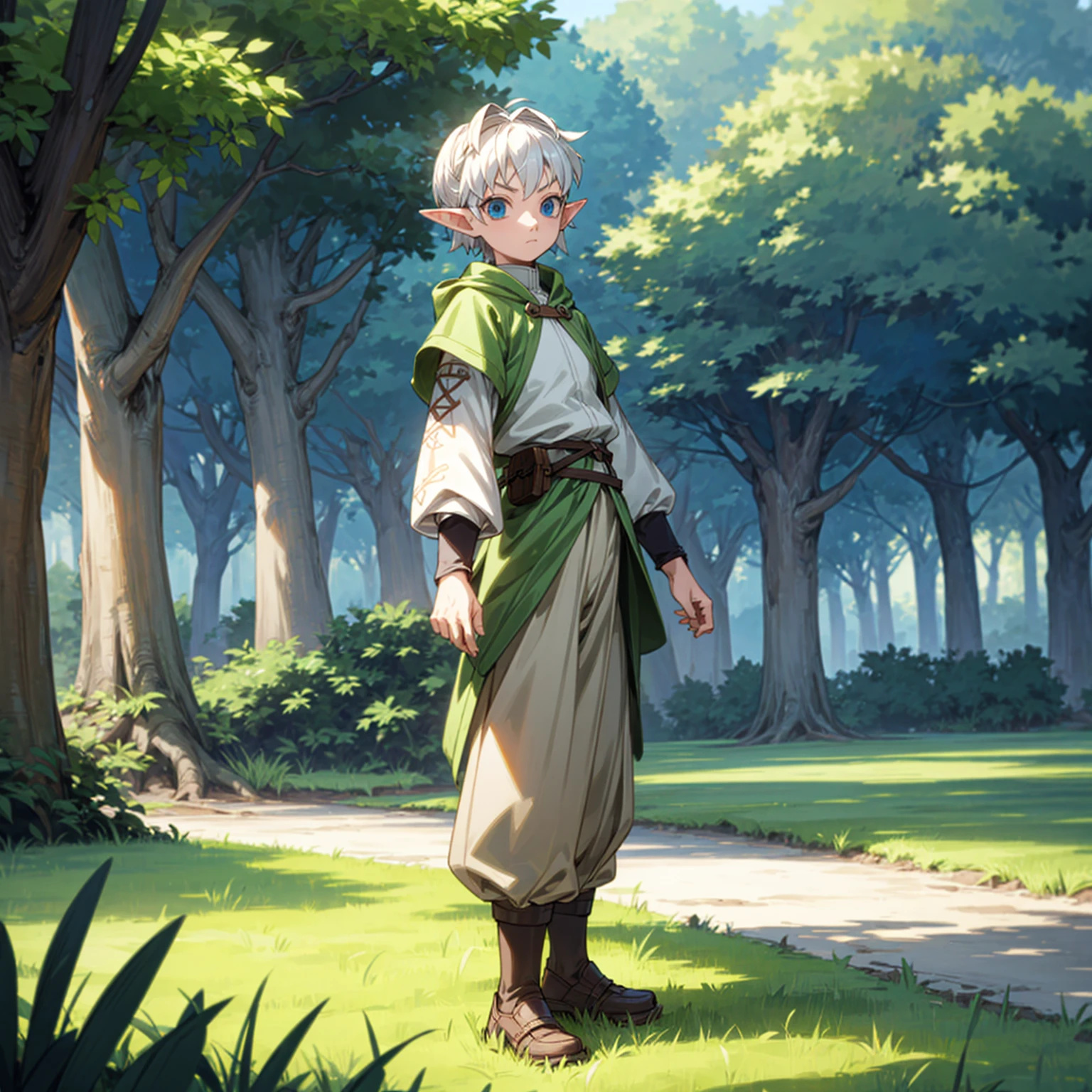 Solo character, full body version, , (elf), blue eyes, white color hair, undercut hair, Hoodie clothing, brown pants, shoes, outdoor, park, village, medieval, standing gesture, detailed background, detailed clothing, detailed hair, (Hunter x Hunter style art), straw hat