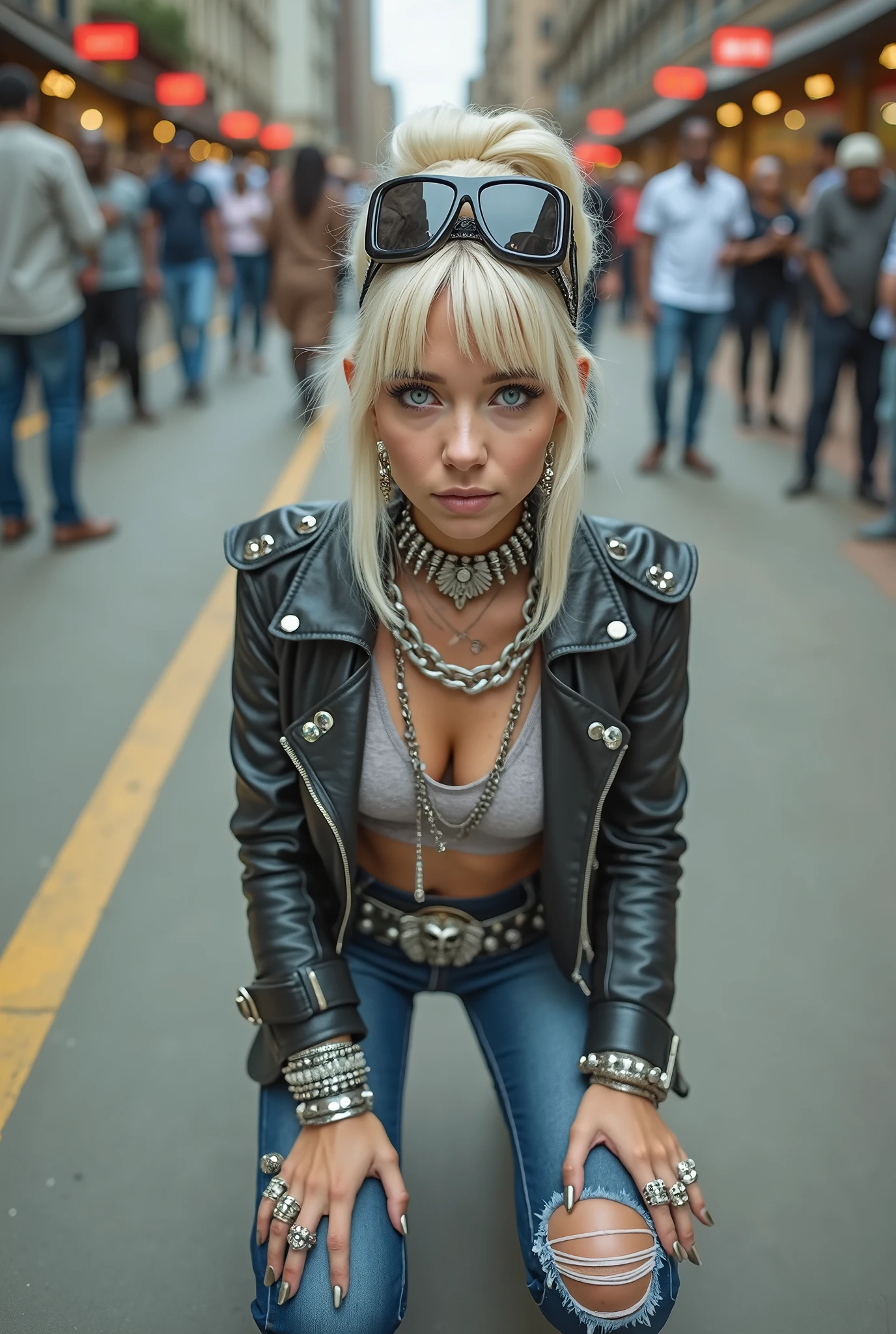 russian old milf woman, blonde platinum hair (beehive top bun) and oversized square sunglasses as headband), with very light blue eyes, extremely pale. Wearing spiked cropped black moto jacket (skull embroidered on the sleeve), dark grey embroidered push up bra, dark skinny low rise blue jeans with patched holes on knees . Lots of thick wide studded  bracelets, chain collars and big rings. Tacky wide studded leather belt with big eagle oval buckle. Long earrings with chains. Kneeling, craving for the ice cream of the photographer. Hands down, showing off bracelets and rings. Looking at the camera, Toned abdominals, thin neck, slim legs and thin arms. Narrow hips. Crowded street of Nairobi 