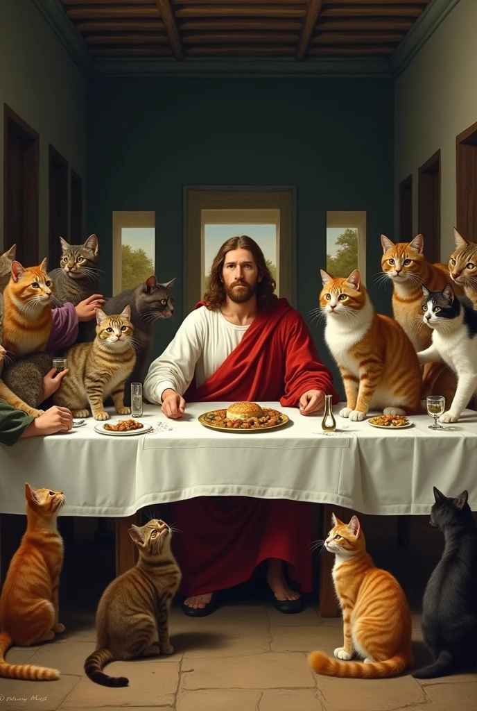 a reinterpretation of the painting of the Last Supper where EVERYONE IS A CATS EVERYONE EVERYTHING IS A CAT CAT CAT CAT CAT WITHOUT PEOPLE CATS ONLY CATS EVEN JESUS BECAME A CAT THIS TABLE IS FULL OF CATS JESUS IS NOW A CAT A FELINE EVERYONE IS A CATS CATS FELINES CATS JESUS IS A CAT JESUS BECAME A FELINE A CAT makes the image wide