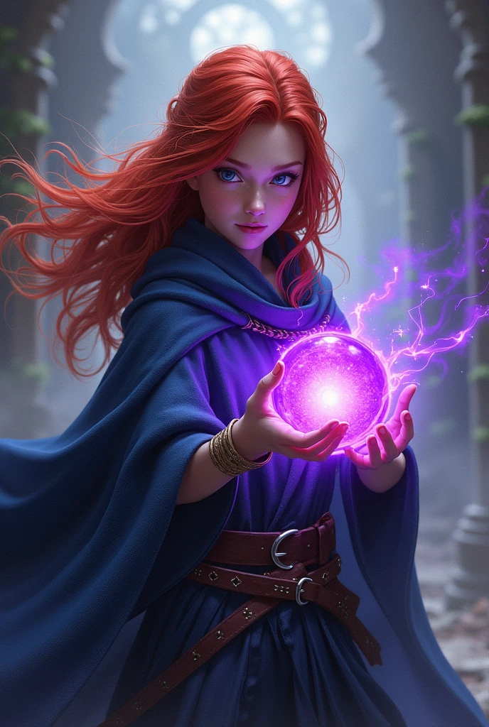A 13 year old girl in realistic shape and fighting stance with red hair, blue eyes and a magical aura around her, could be holding a purple power ball, symbolizing your connection to magic. She could have a flowing cloak or cape, reinforcing her role as a daughter of Hecate.
