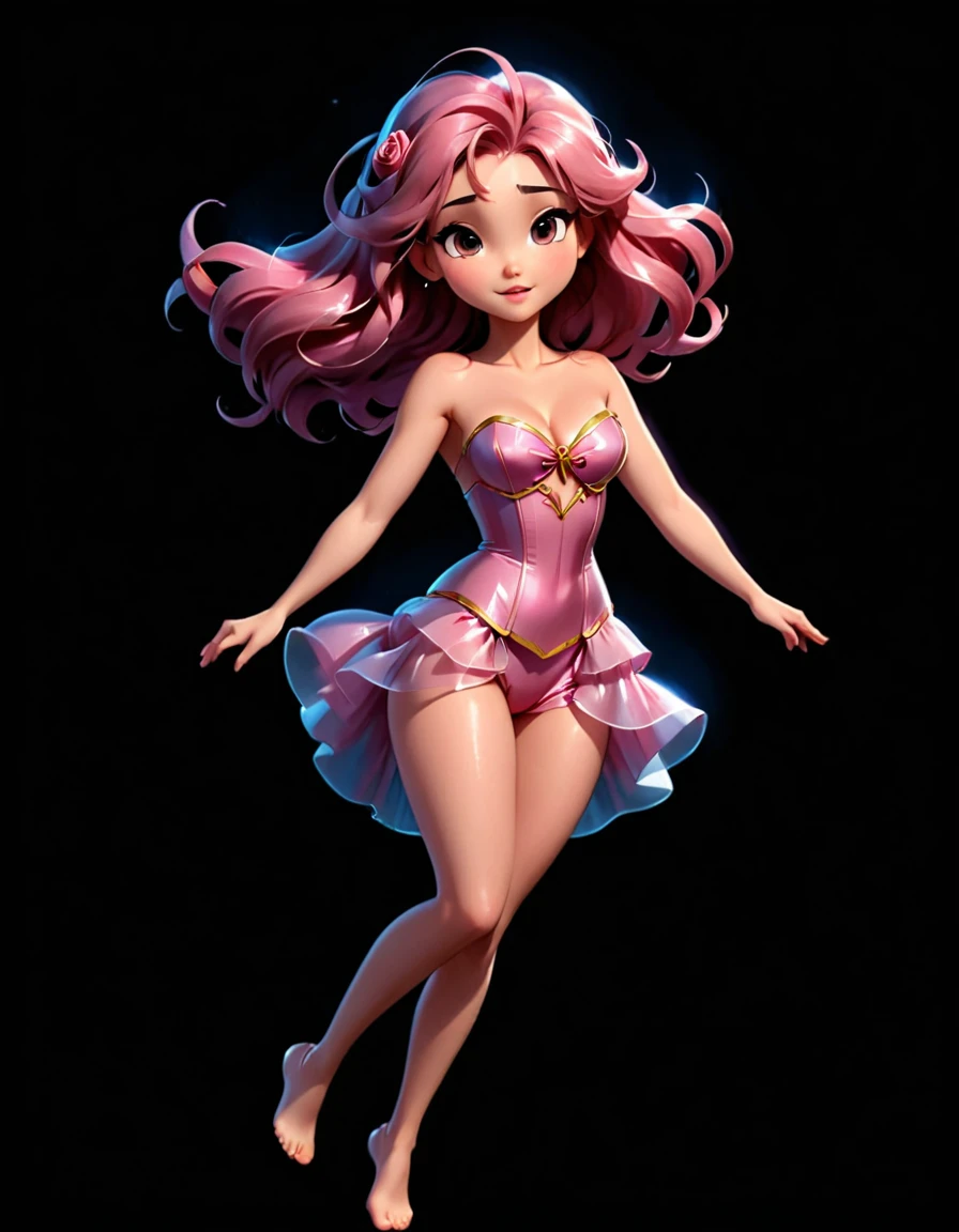 png white background, [subject], in the style of animated illustrations, [environment], full body, text-based --style raw --stylize 100
full body In a breathtakingly sharp 8K resolution, capture a stunning white woman suspended in mid-air against a stark, plain black background. Her long, wavy dark pink hair cascades down her back like a waterfall of nightfall hues. She wears a delicate light pink corset and a flowing ribbon dress that drapes elegantly around her form. A halo of light pink ribbons floats serenely around her, as if carried by an invisible breeze. Her hyper-detailed facial features shine with a gentle glow: rose-kissed cheeks, a  nose, and luscious pink pouty lips that seem to whisper secrets to the universe. The only splash of color is provided by her bare feet, which appear to defy gravity as she floats effortlessly in mid-air. full body. Masterpiece,
