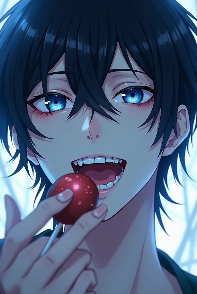 An etherial looking anime man.He has dark blue eyes and he's licking a candy but smiling seductive .He has longer hair and smiling seductive but also psychotic .He's paper white pale and his gaze looks cold.he has perfect teeth and resembles gojo