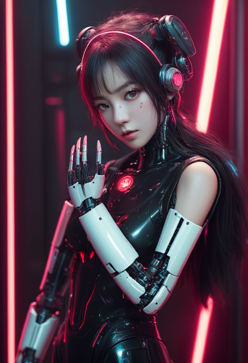 xxmixgirl. Highly detailed professional 35mm film, bokeh, face in sharp focus. A robotic female, Miku, with ((metal skin)), ((perfect Asian eyes)) with magenta irises and ((black pupils)), beautiful serious (detailed face), 18 year old ((photorealistic face)), very long magenta twin tails of magenta hair, twin black hair ties with a single red stripe. She may have a black audio headpiece. We can see her ((full body)) down to her boot soles. Her outfit is a sleeveless collared light grey shirt, outlined in red around the frilled collar and hems. Shiny reflective ((metallic breast cups, dimpleless)), invisible nipples. She wears black sleeves with red hems that start around her upper arm and bellow out as the sleeves open and extend to her wrists, with wide trumpet red rimmed cuffs. She has perfect robotic (detailed hands). She wears a red colored tie with two horizontal solid parallel black lines halfway across. She wears a fabric black skirt with a horizontal red hem at the bottom all the way around; her (((black skirt wraps around her))) and ((her skirt completely covers)) her robotic waist and thighs. Tall black boots with red bottom soles, a red rim around the top at her thighs. Her mechanical shoulder joints are visible. We can see her robotic legs and robotic neck. Half of her is covered with shiny polished machinery. The background is a distant dark neon futuristic Japanese city, gold, cyan, violet neon, near harbor or mountains.