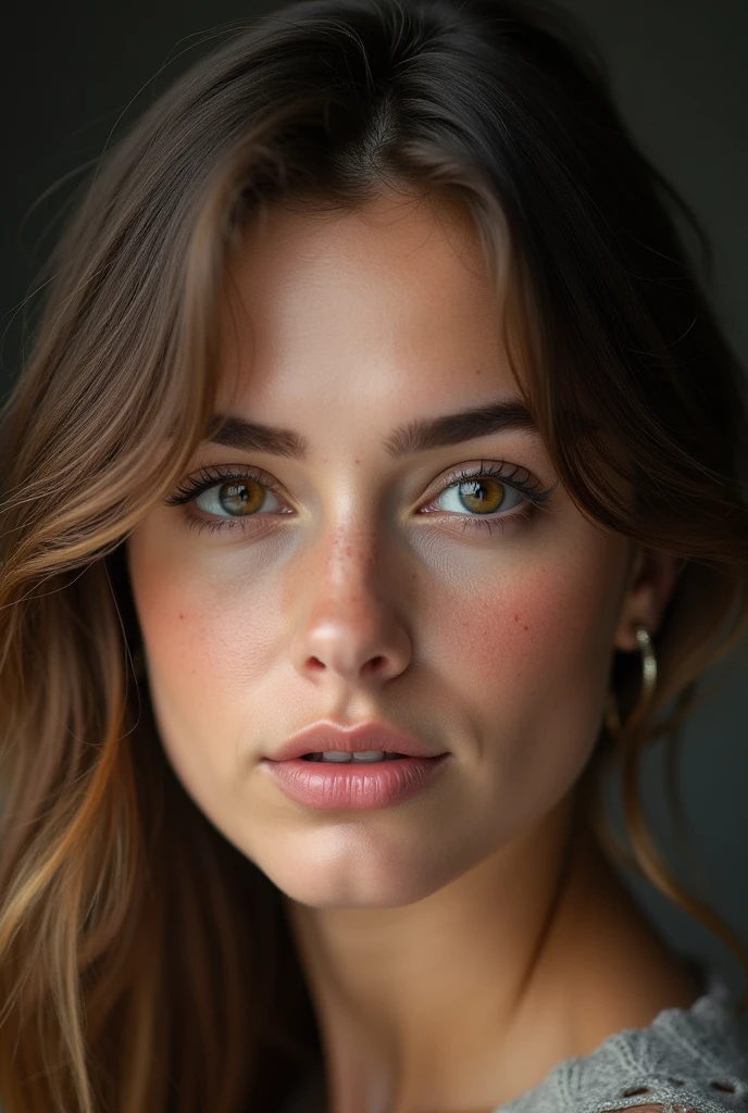 Portrait dune femme fait avec l’appareil photo D850. La femme est brune avec des cheuveux brun avec des reflets clair des yeux noisette en amande et de long cil. Elle doit aussi avoir des taches de rousseur un petit frond et une  bouche. Elle a des faussette 