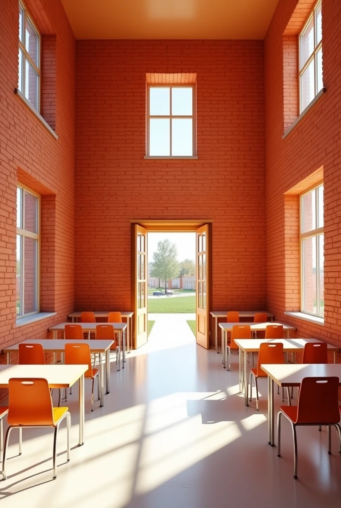 Lively classroom, the walls should be made of brick, and the seats that are chair-table, that has its exit door, preferably wide, just like the living room floor is white, The brick walls should be reddish brown and should not have any students.. The room should be large and the image should be vertical