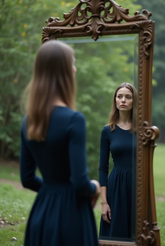 A woman standing in front of a large mirror looking at herself, thoughtful, wearing a dark blue dress with long sleeves, covering her breasts, photo by full body, photography realistic, photorrealistic, HDR, sharp focus, proffesional, bright coloured, natural lighting