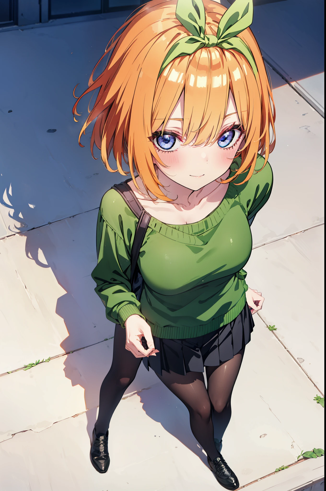 Yotsubanakano, Fourth floor Nakano, bangs, short hair, blue eyes, Hair between the eyes, hair ribbon, hair band, Orange Hair, (Green ribbon:1.5), smile, Close your mouth,blush,
Green one-shoulder sweater,mini skirt,Black pantyhose,short boots,Walking,morning,morning陽,The sun is rising,On the way to school,whole bodyがイラストに入るように, break looking at viewer, whole body, break outdoors,University, School building, break (masterpiece:1.2), Highest quality, High resolution, unity 8k wallpaper, (shape:0.8), (Beautiful attention to detail:1.6), Highly detailed face, Perfect lighting, Highly detailed CG, (Perfect hands, Perfect Anatomy),