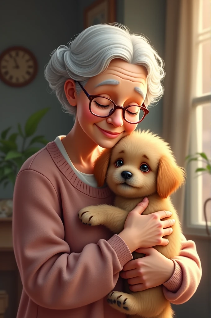 Grandma holding her puppy, wearing glasses short white hair